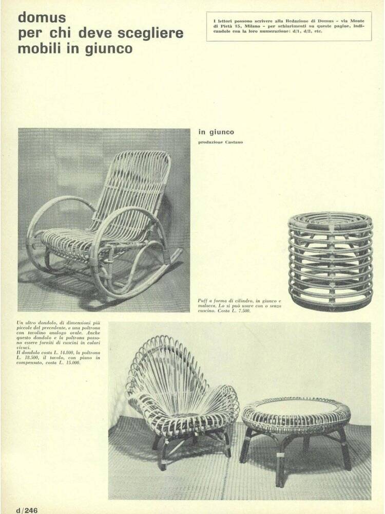 Cylindrical pouf in curved rattan by Castano, 1960s