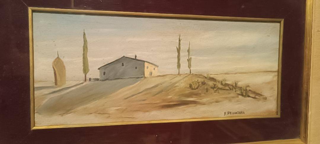 Oil painting on panel, Tuscan countryside landscape, signed