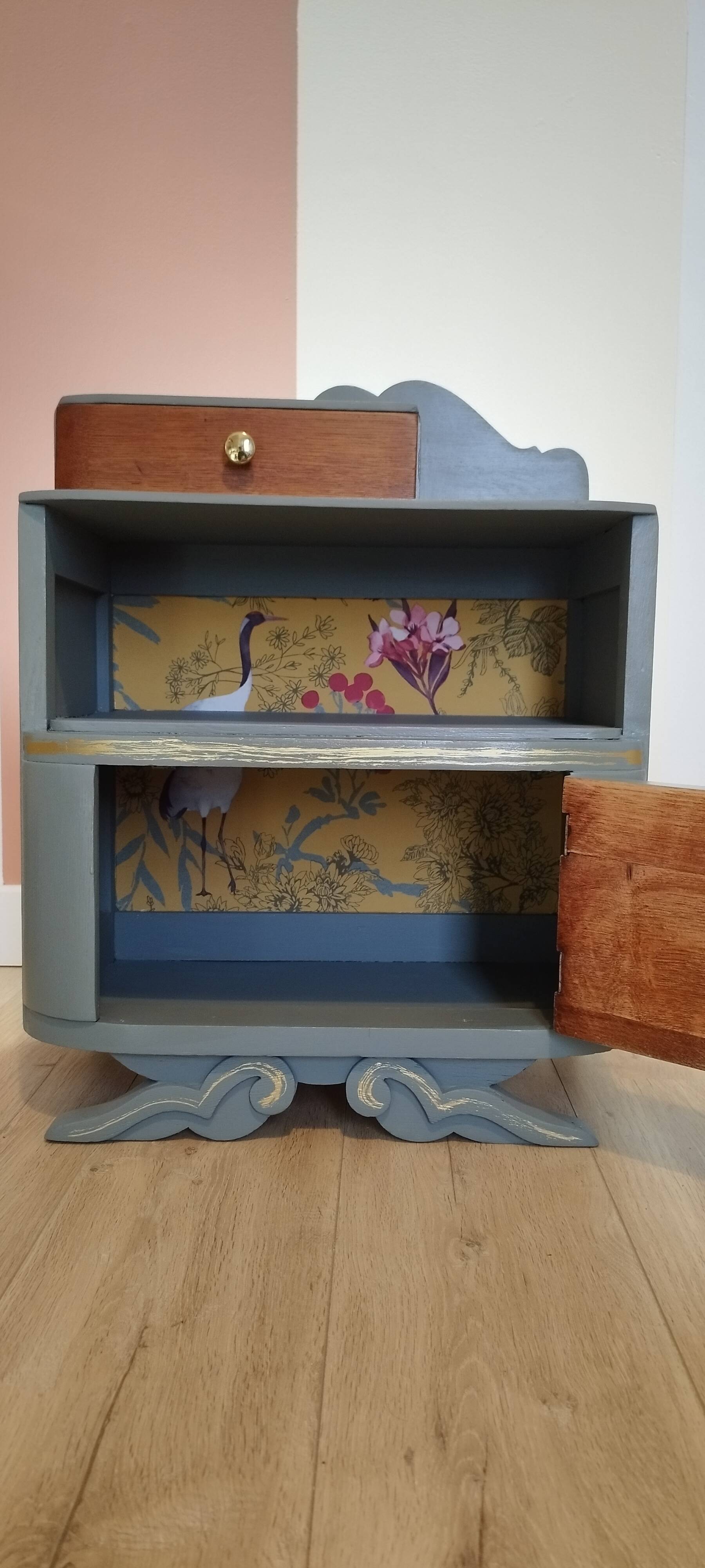 Art deco style bedside table - asymmetrical mustache foot