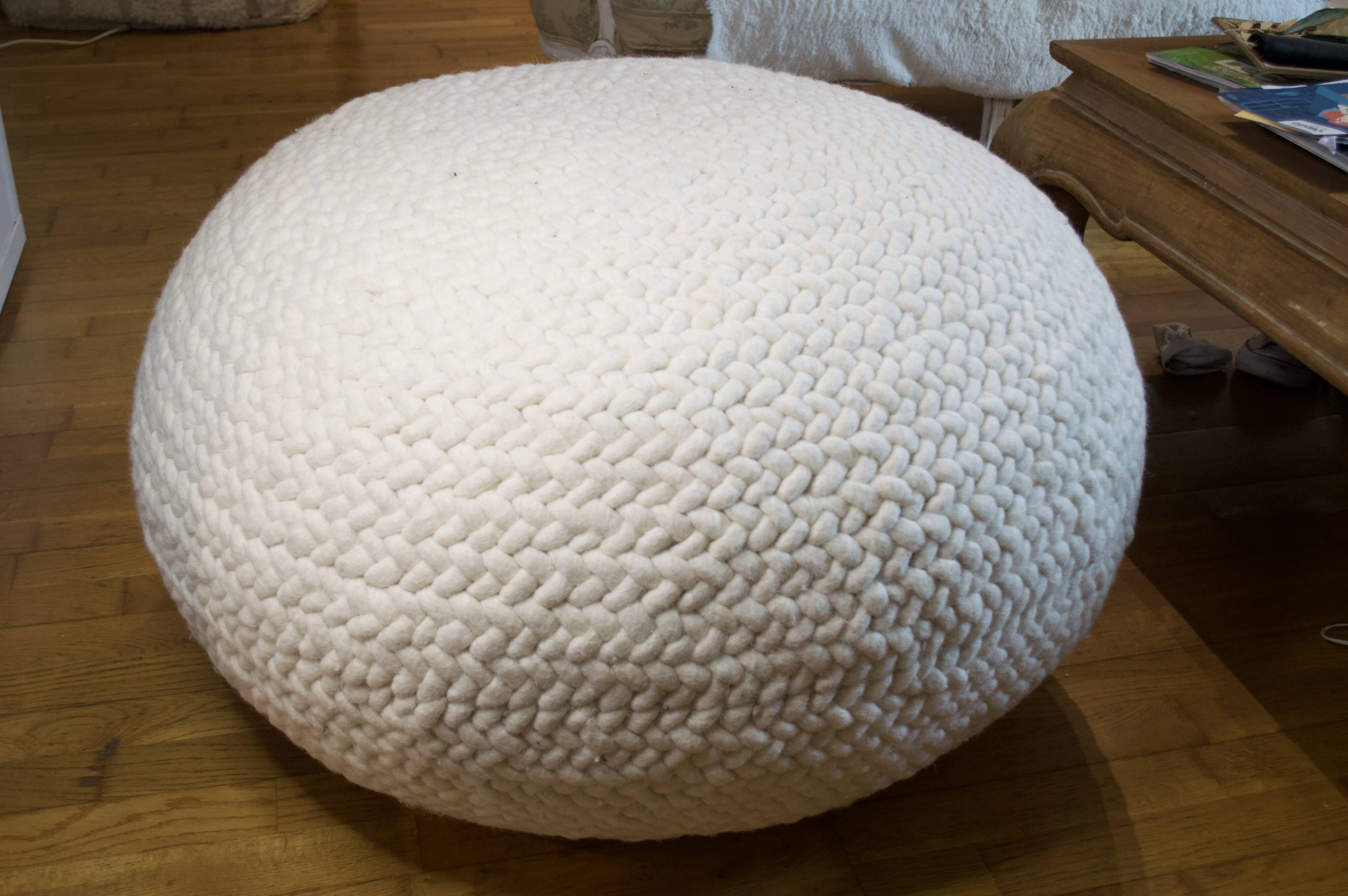 white woven wool pouf