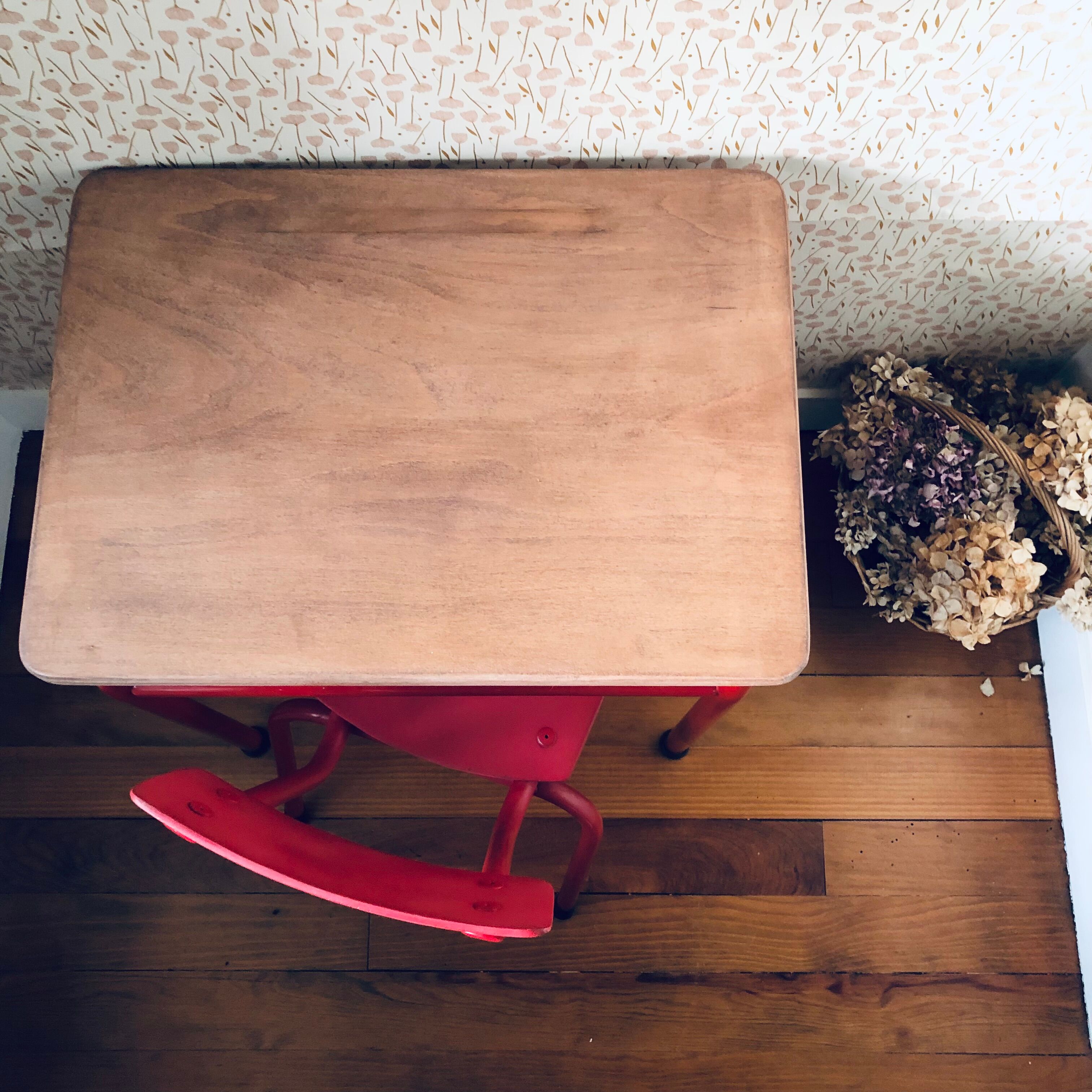 Wooden desk & school chair red tubular legs