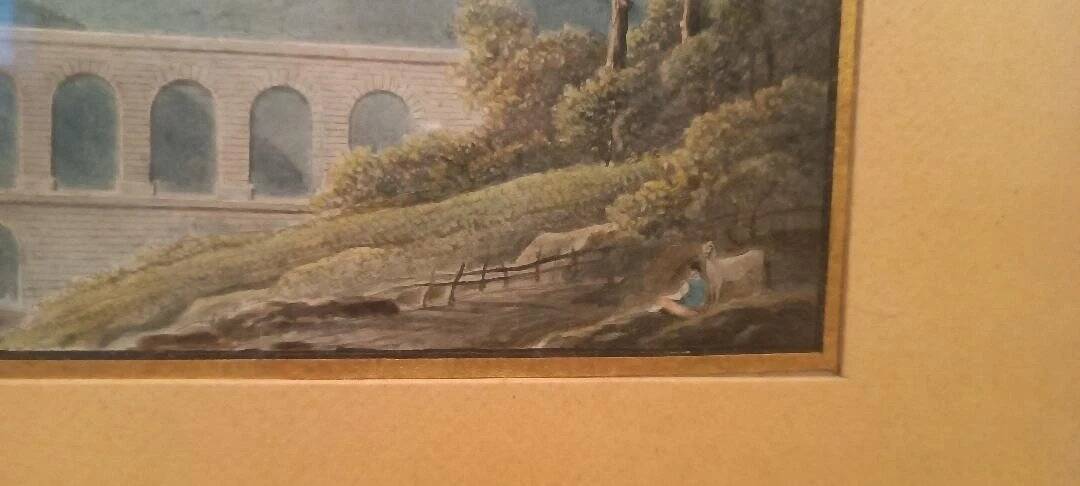 Aquarelle ancienne sur papier du début du XIXe siècle – paysage avec aqueduc.