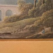 Aquarelle ancienne sur papier du début du XIXe siècle – paysage avec aquedu