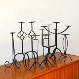 Pair of black iron tripod candlesticks, brutalist, 1970 - 30 cm
