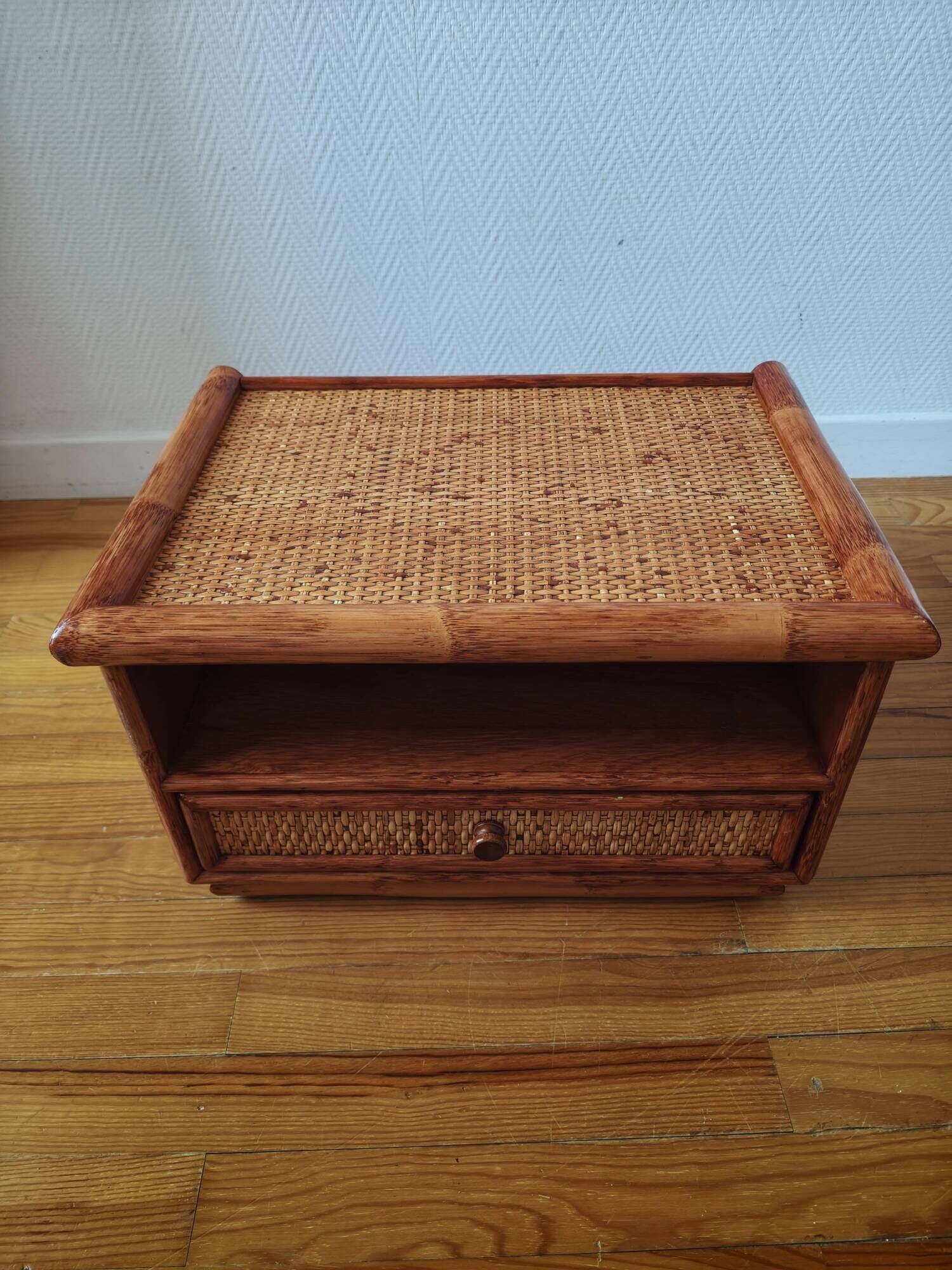 Rattan bedside table from the 1970s-80s.
