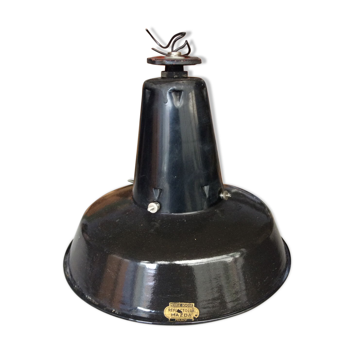 Hanging reflectolux mazda in black enamelled sheet metal.