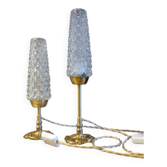 Duo lampes de table rétro 50's bronze, abat jour tube verre pointe diamant
