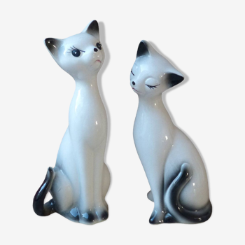 Set of two romantic long-necked black and white vintage ceramic cats, Gift Decoration