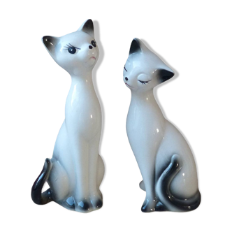 Set of two romantic long-necked black and white vintage ceramic cats, Gift Decoration