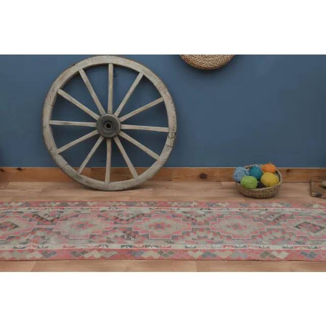 1970s Vintage Turkish Handmade Wool & Cotton Pink Runner Rug