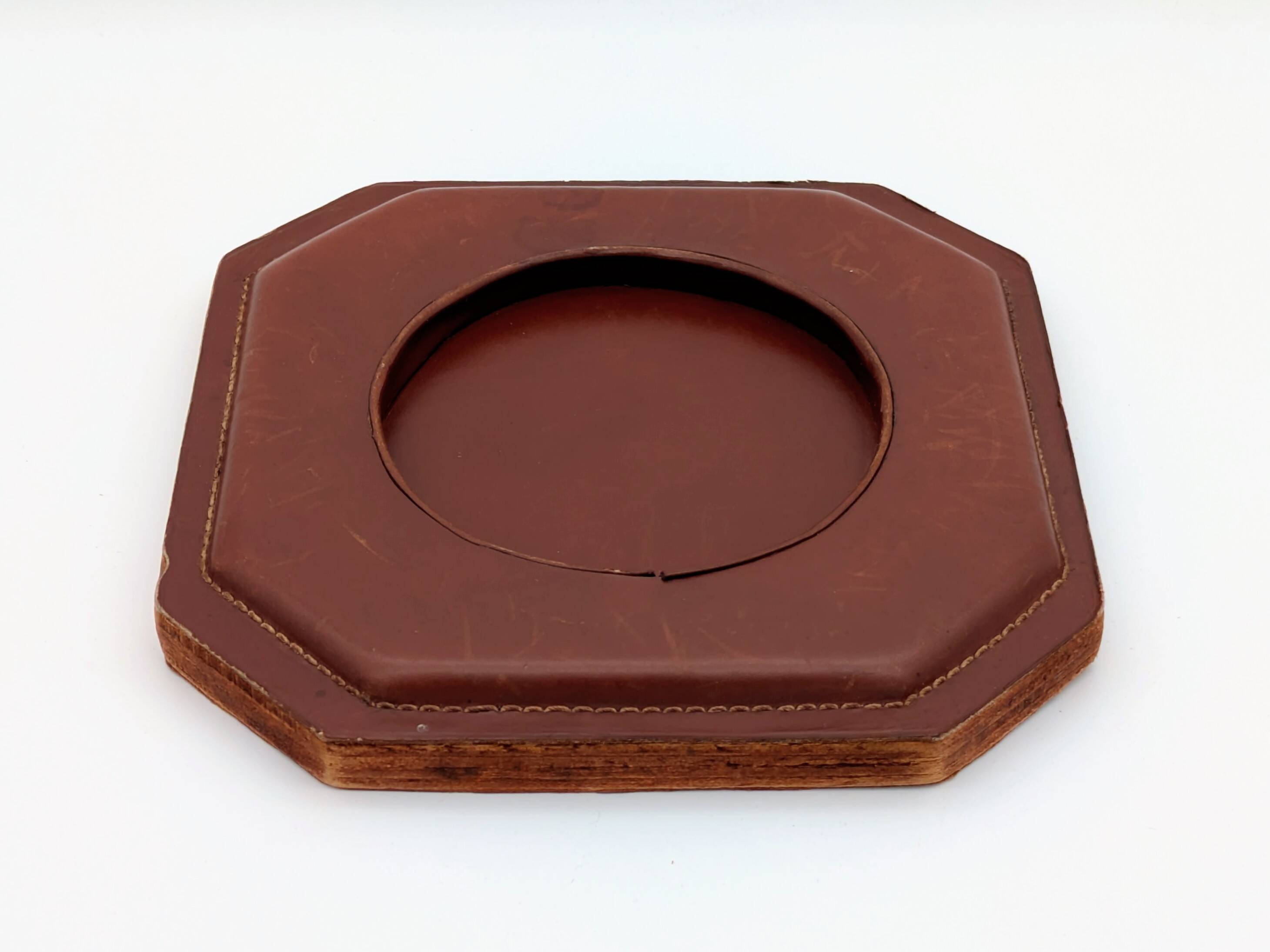 Ashtray / Catch-all Mid-Century Solid Glass Murano Style & Leather 1960
