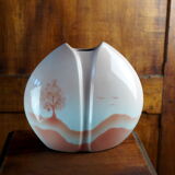 Pink lens vase, poetic landscape tree & flight of birds - Yves Mohy, porcelain of Virebent - ann