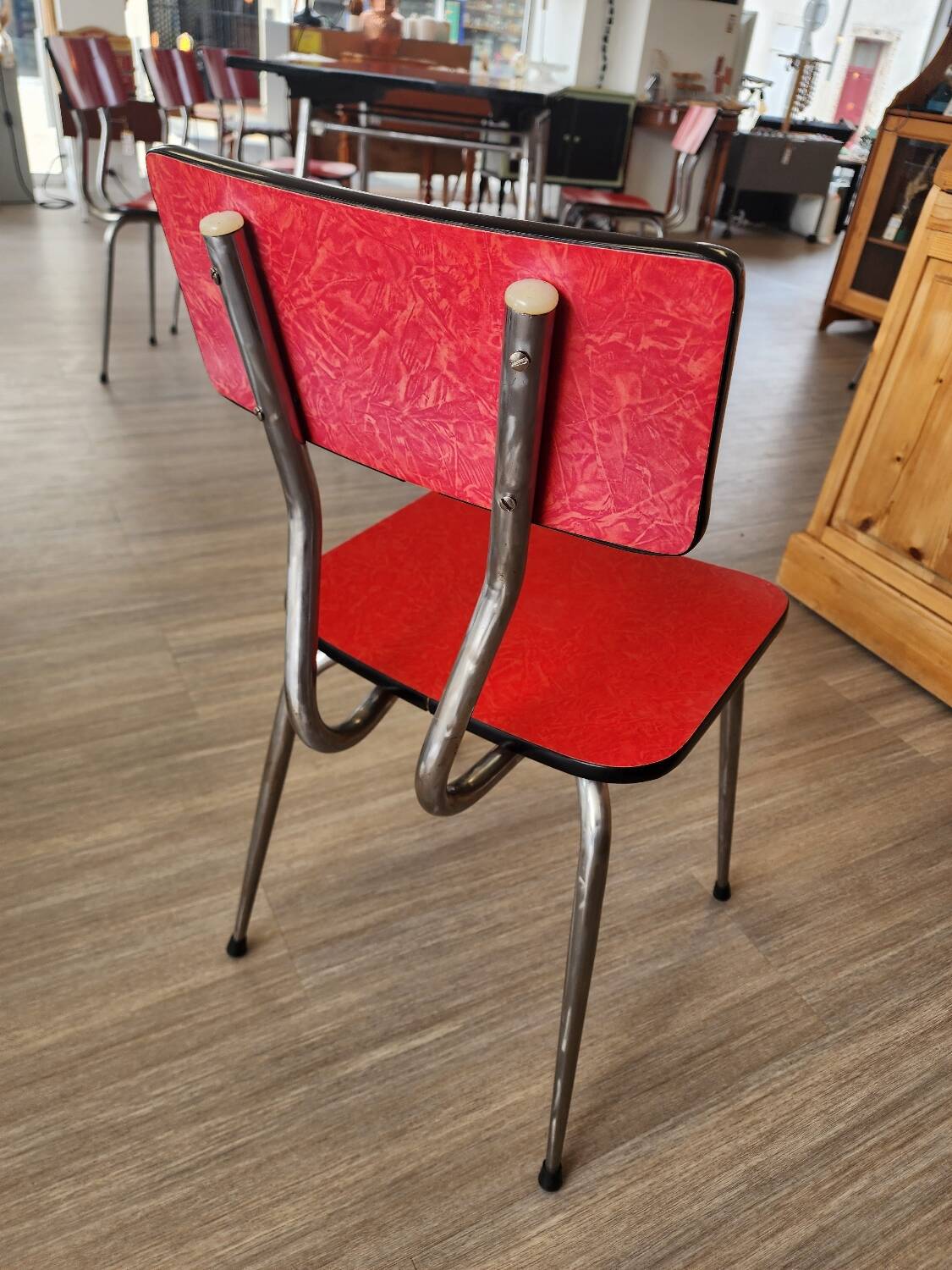 Vintage Lafague red formica set, 1 table, 6 chairs and 1 stool