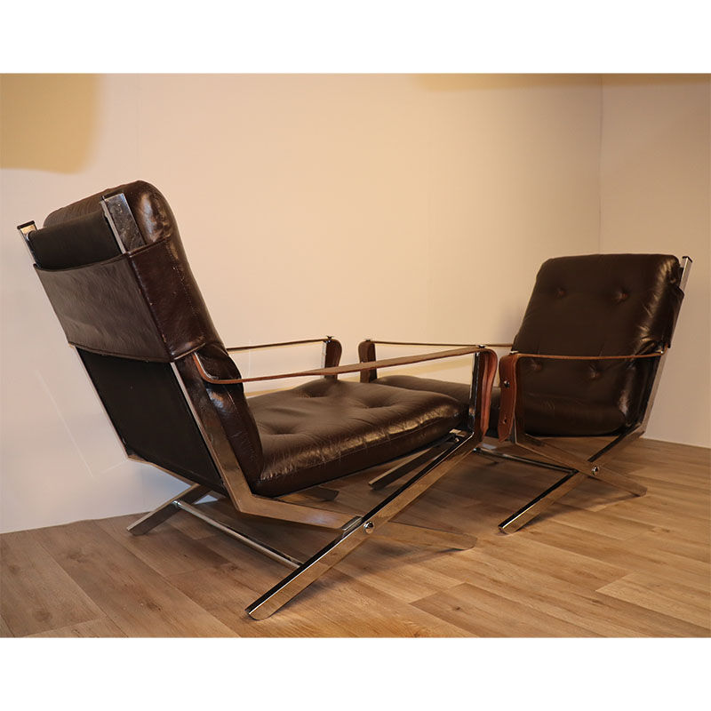 Pair of leather and chrome metal armchairs 1970