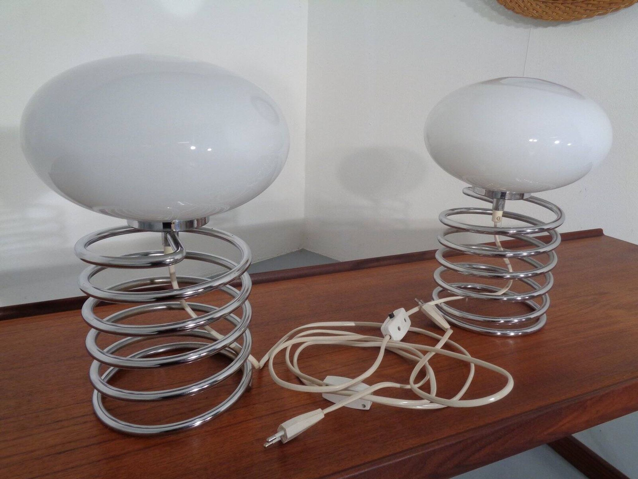 Opaline Glass and Chrome Table Lamps from Honsel, 1970s, Set of 2