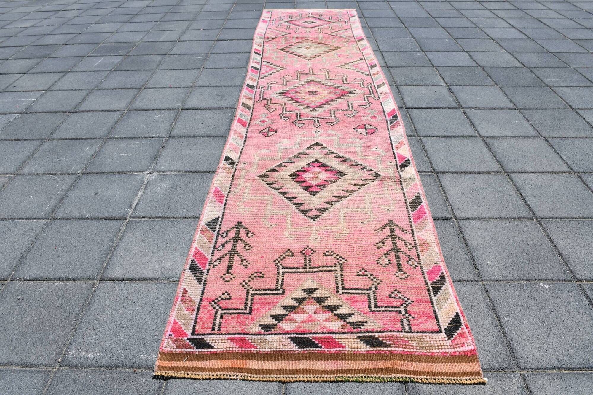 Tapis Couloir Rose à Médaillons, Tapis Turc Vintage, 86x364 Cm