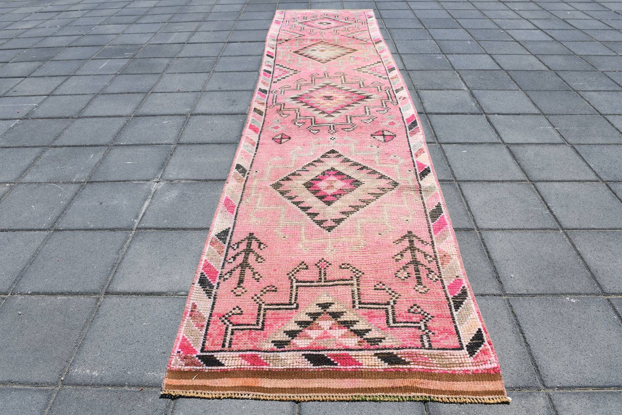 Tapis Couloir Rose à Médaillons, Tapis Turc Vintage, 86x364 Cm