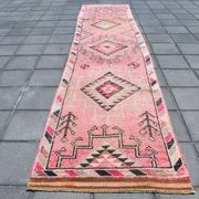 Tapis Couloir Rose à Médaillons, Tapis Turc Vintage, 86x364 Cm