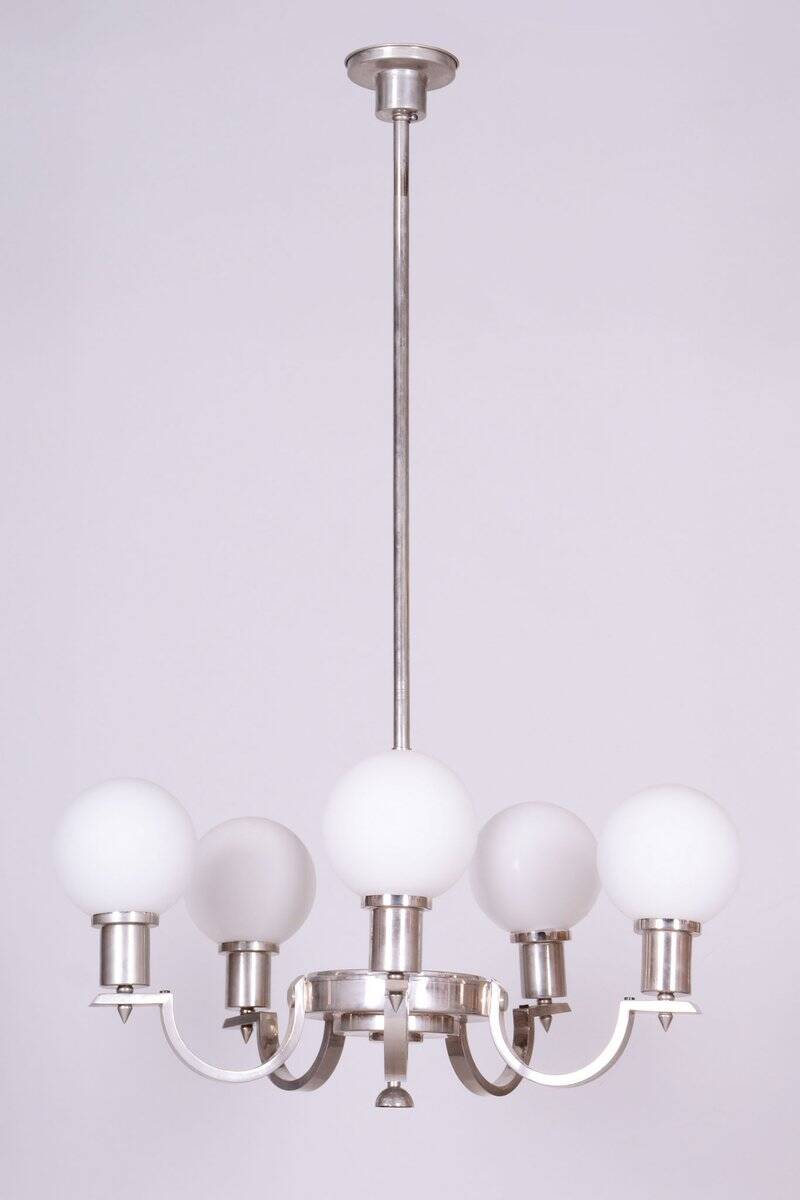 Art Deco Chandelier in Nickel, Steel and Opaline Glass, Czech, 1920s