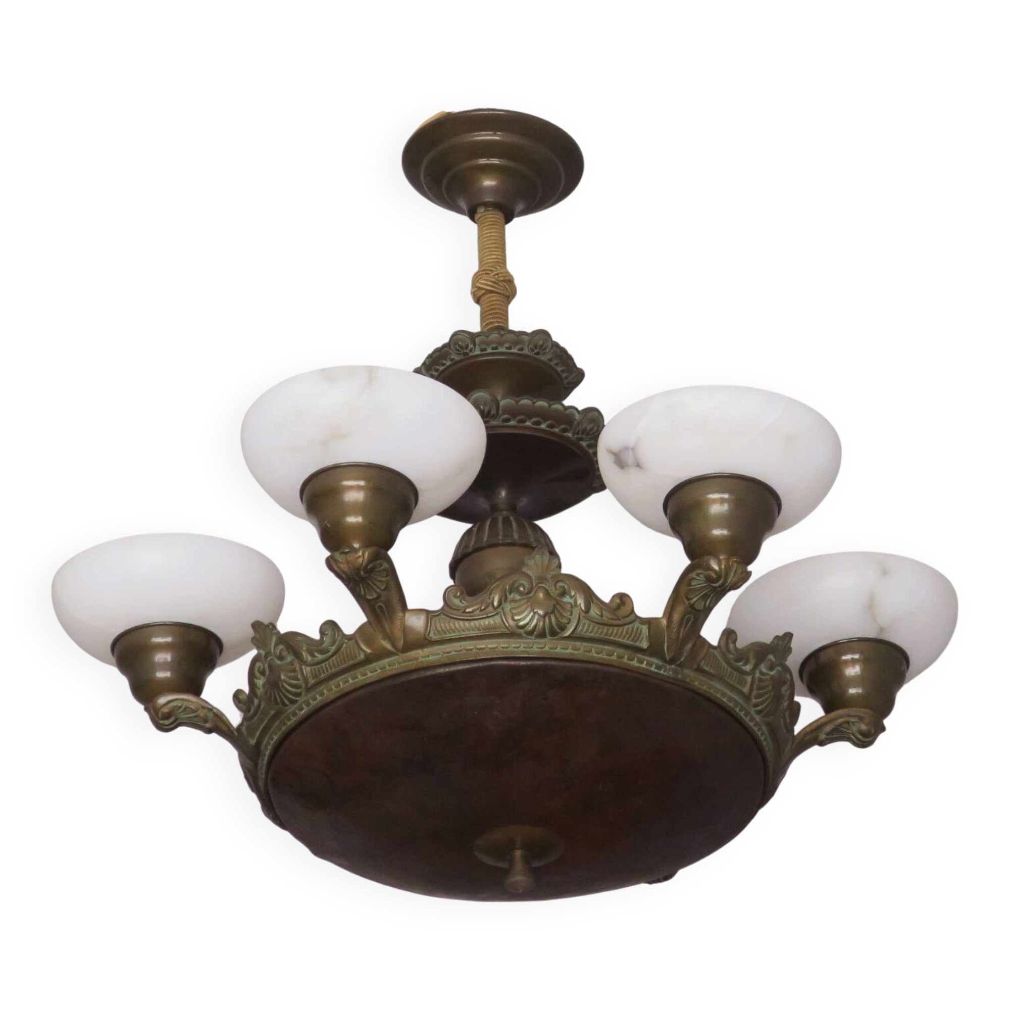 Antique verdigris-patinated bronze and alabaster chandelier, 1910