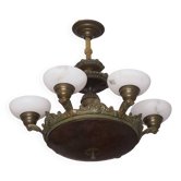 Antique verdigris-patinated bronze and alabaster chandelier, 1910