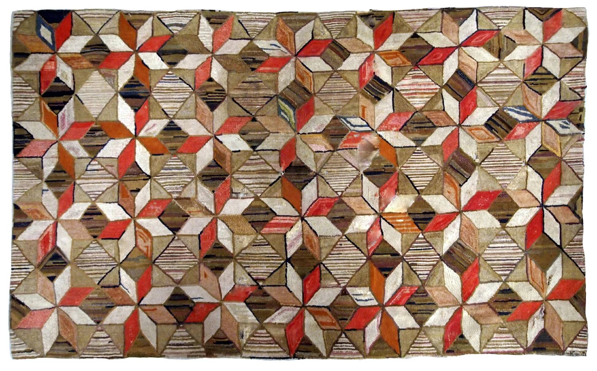 Handmade antique American Hooked geometric rug 4.8' x 7.7' (146cm x 234cm) 1900s - 1B654