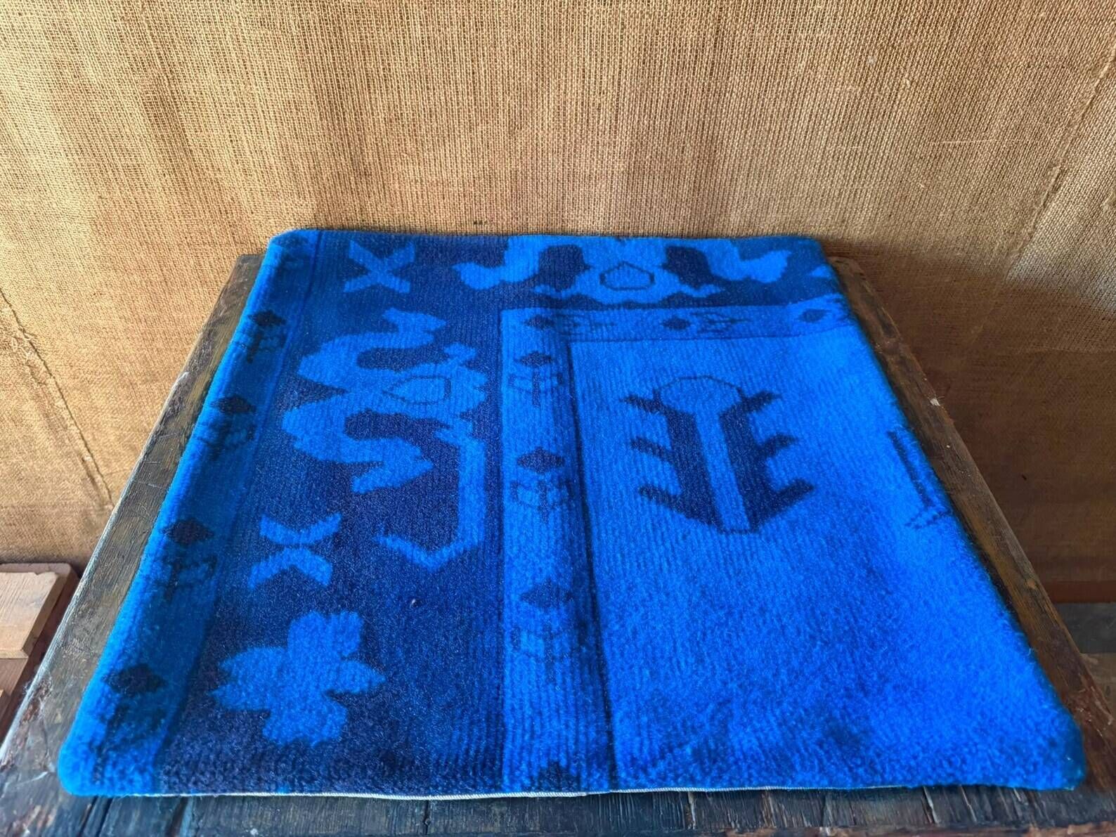 Vessel Motif Rug Cushion, Cobalt Navy Wool, Tribal Kilim Decor 20x20