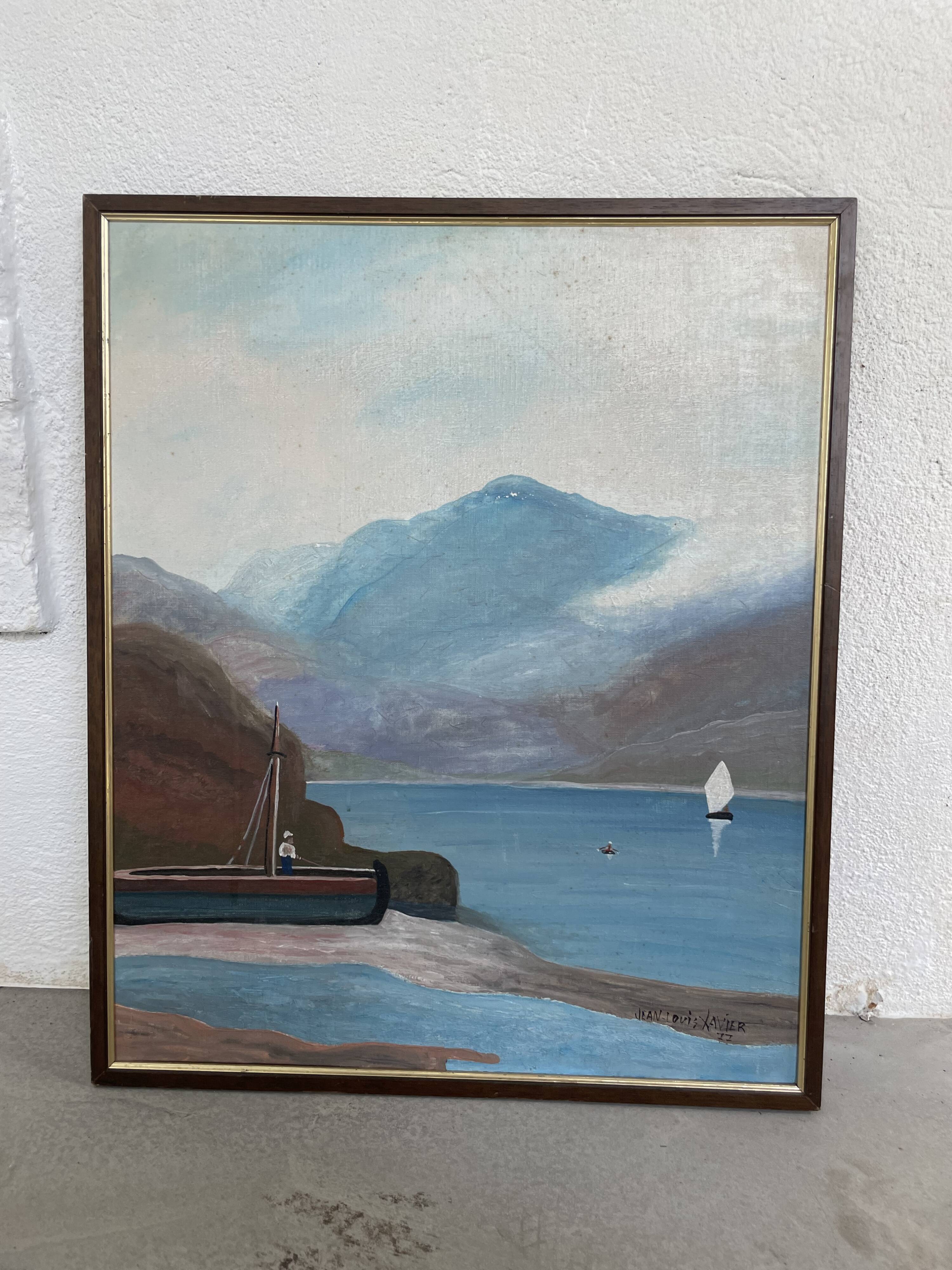 Oil painting on wood boats and lake 1977