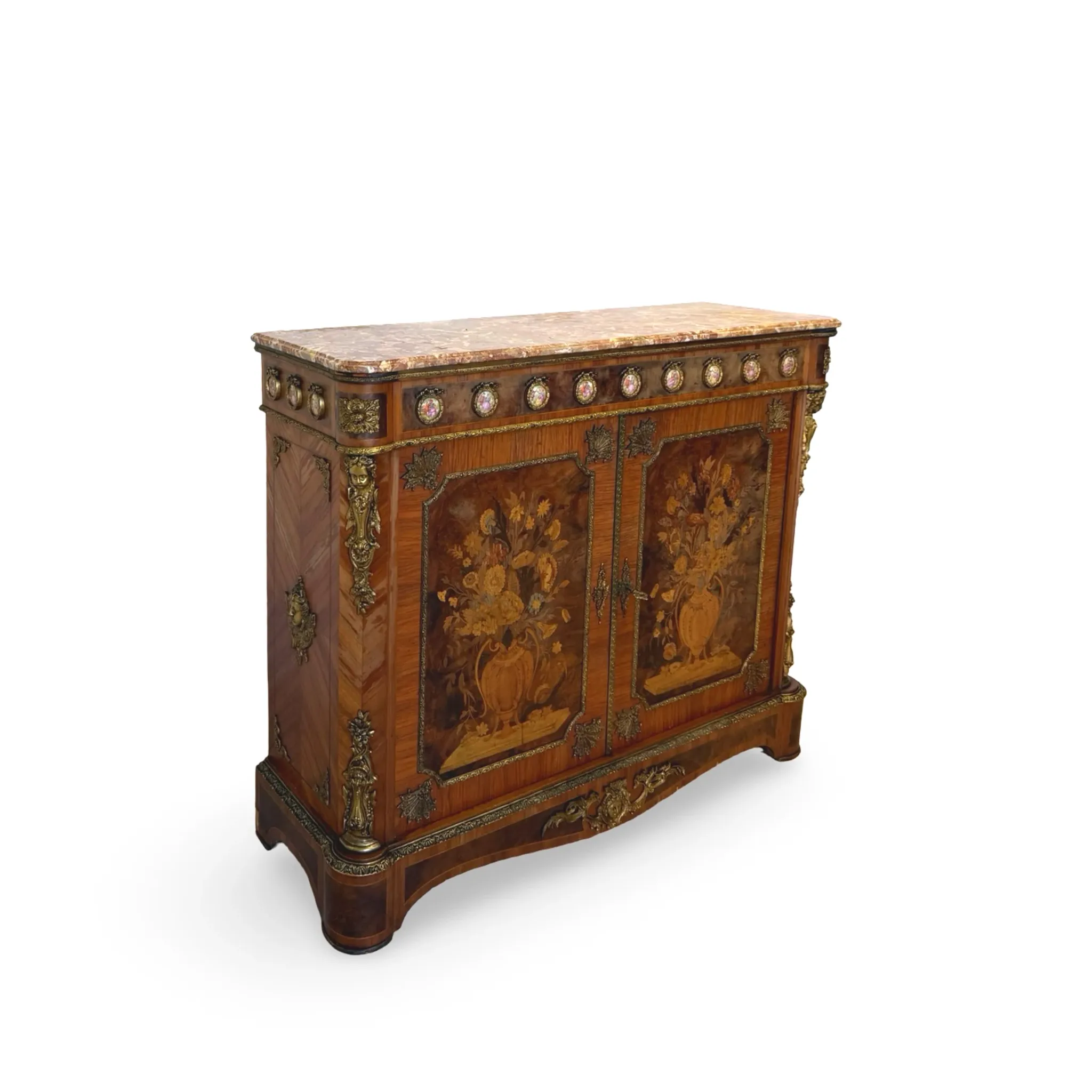 An antique French Louis XVI-style marble-top side cabinet
