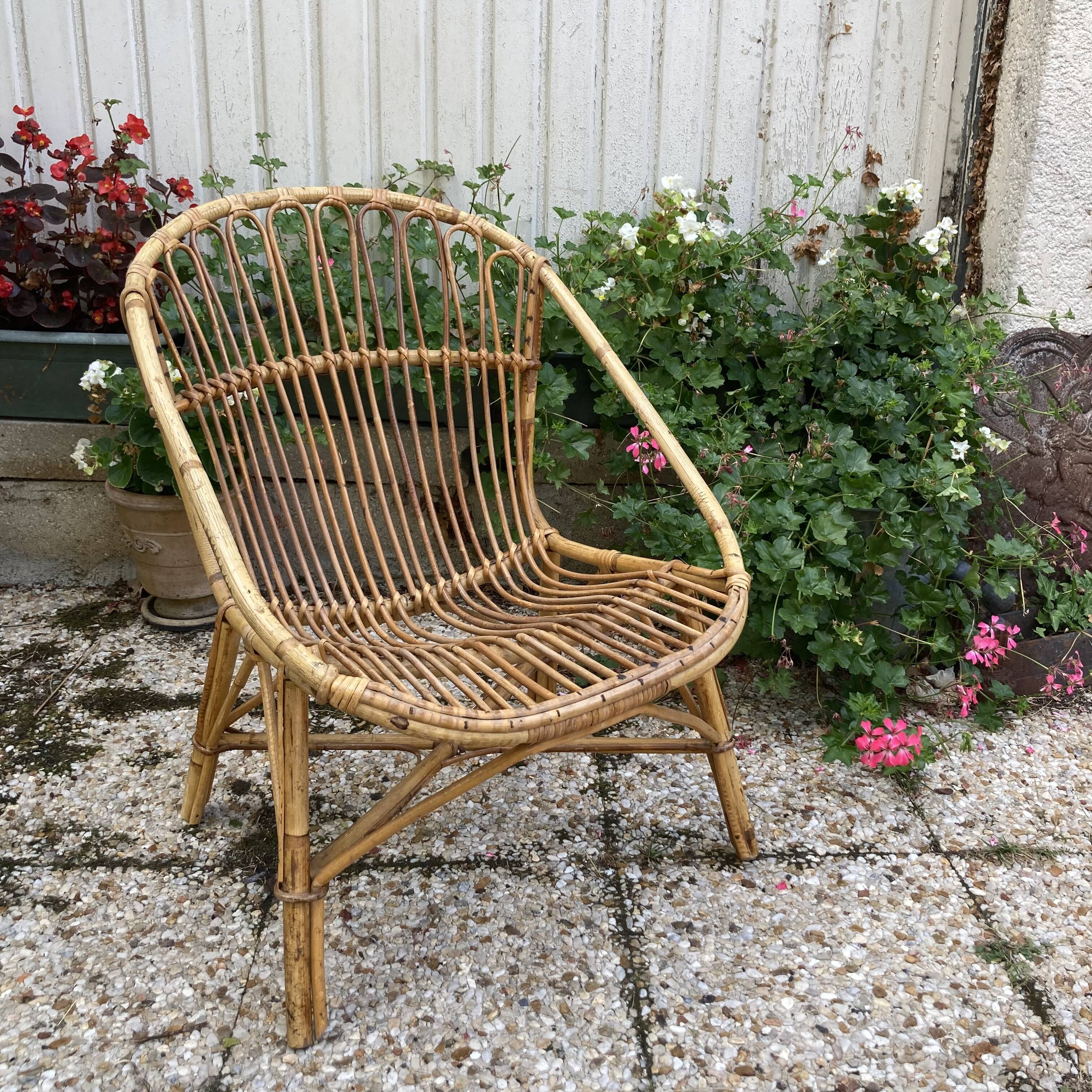Set of 3 vintage rattan armchairs