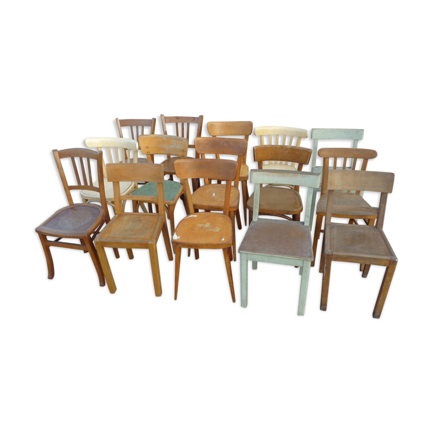Set of 15 mismatched bistro chairs