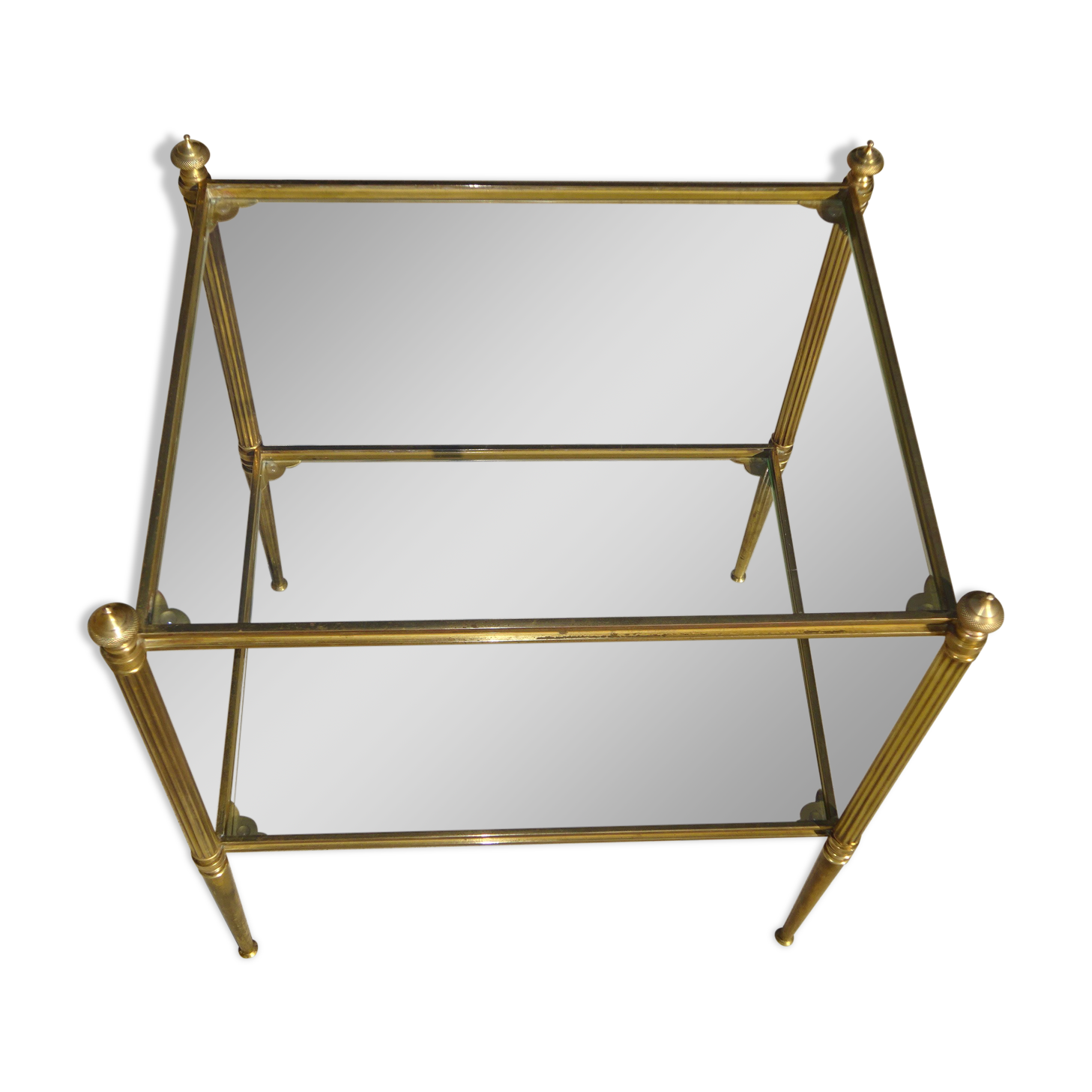 Table de salon en laiton et verre, double plateaux