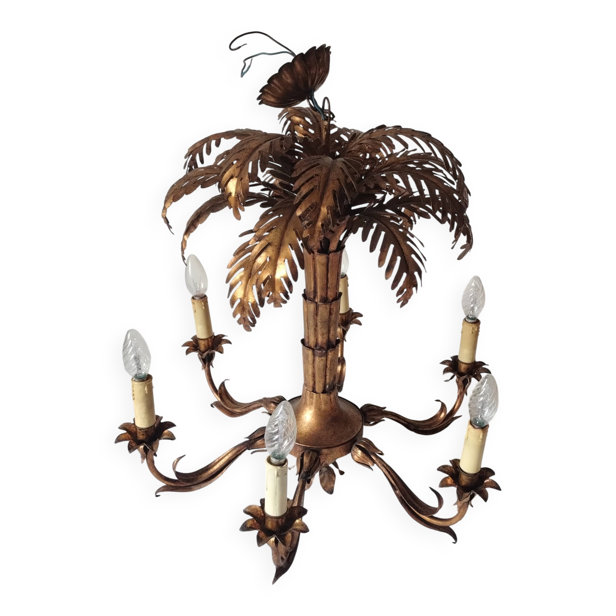 Vintage 1970s gold-tone metal palm tree chandelier with 6 arms