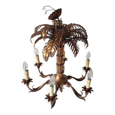 Lustre palmier à 6 branches vintage métal doré année 70