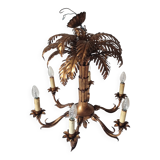 Vintage 1970s gold-tone metal palm tree chandelier with 6 arms