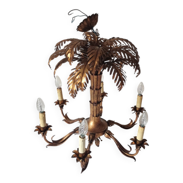 Vintage 1970s gold-tone metal palm tree chandelier with 6 arms