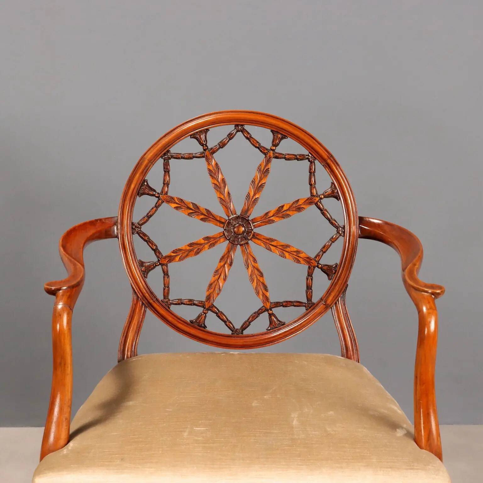 Antique cherry wood and fabric armchairs, United Kingdom, 20th century