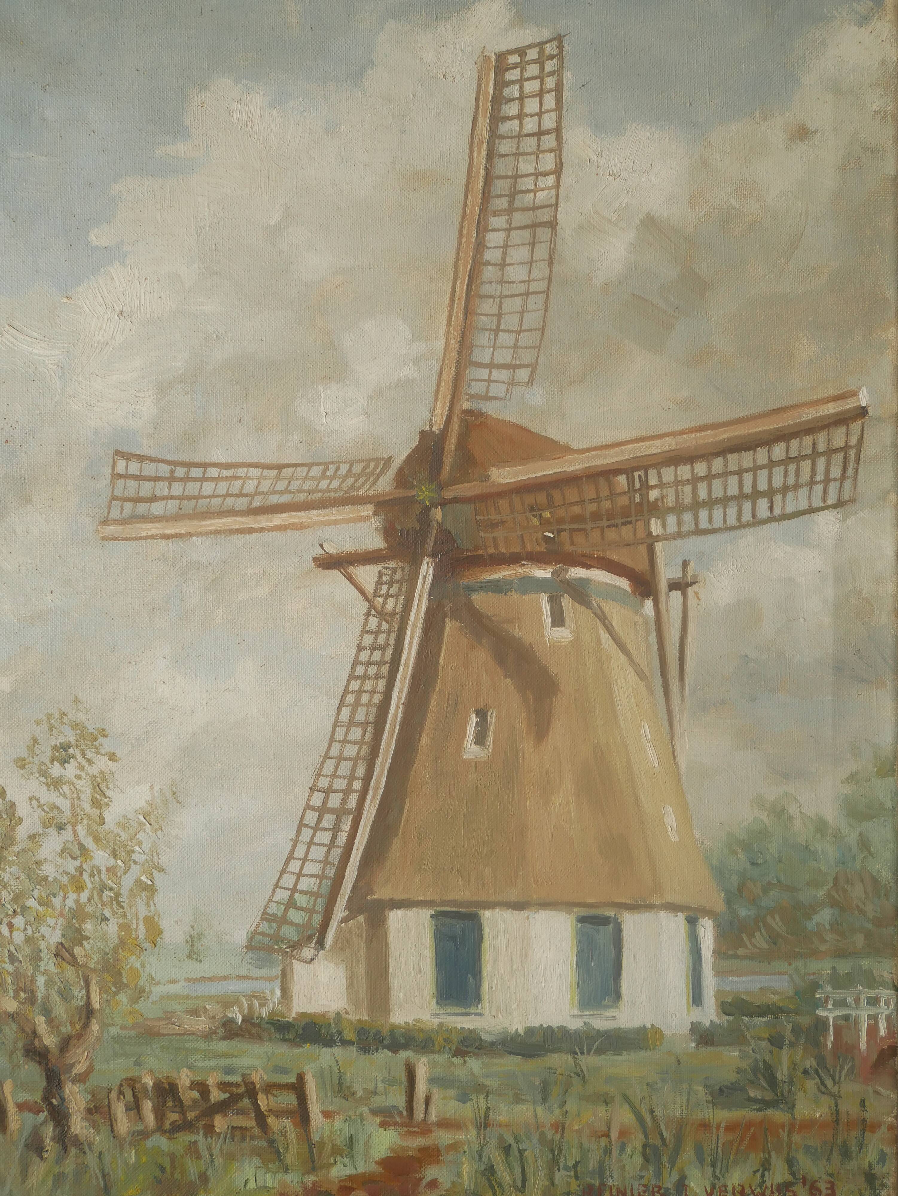 Acrylic painting on canvas vintage Dutch windmill Scandinavian countryside decoration