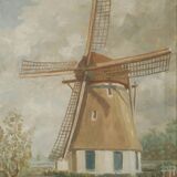 Acrylic painting on canvas vintage Dutch windmill Scandinavian countryside decoration