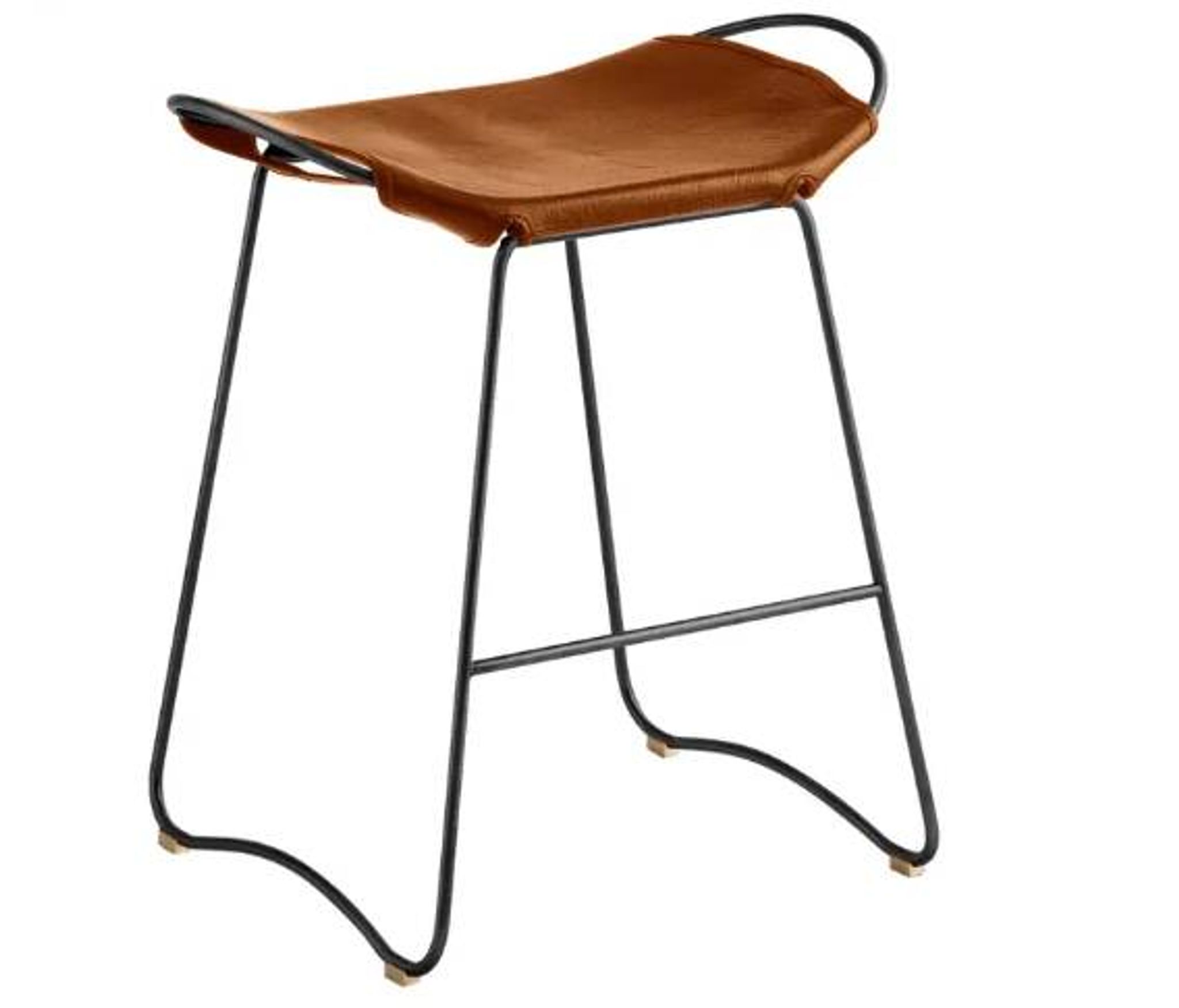 Pair of contemporary bar stools in cognac and smoked black.