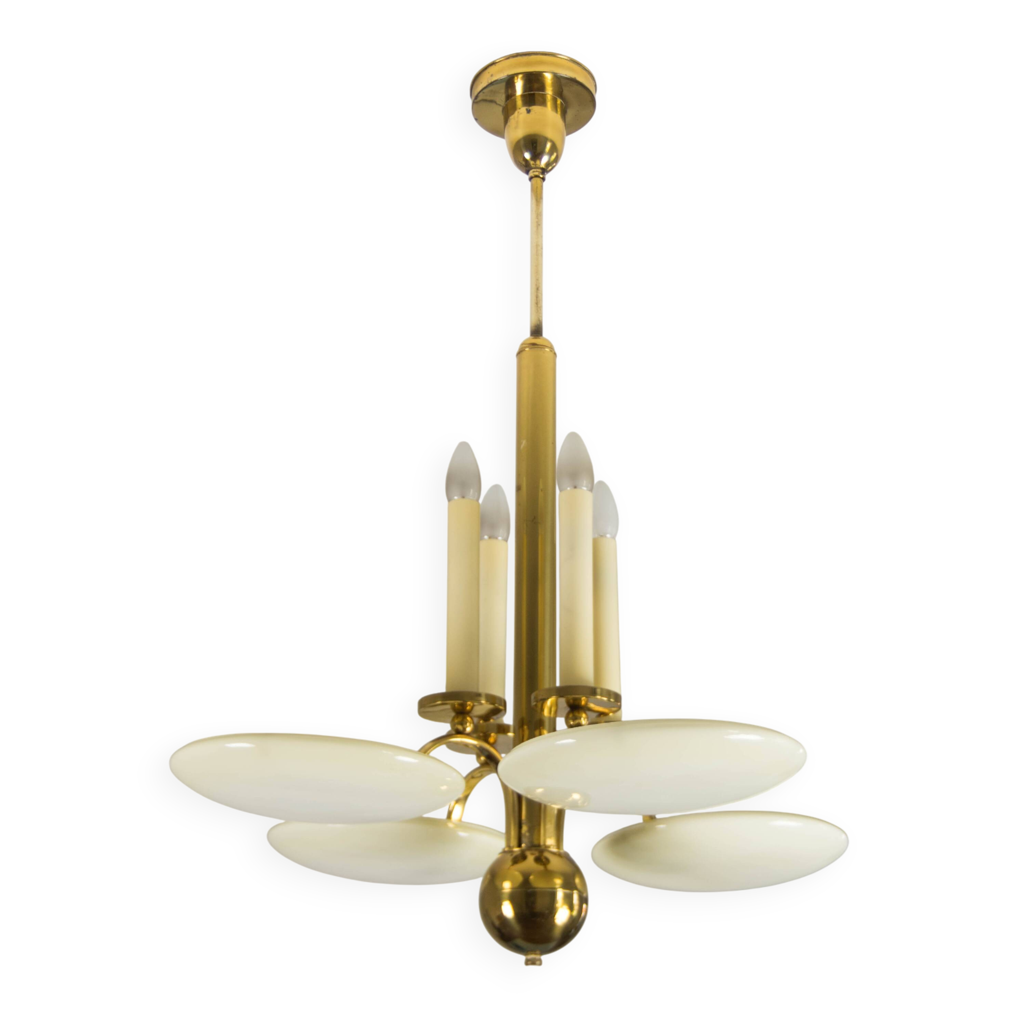 Art Deco Brass and Glass Chandelier, 1930s