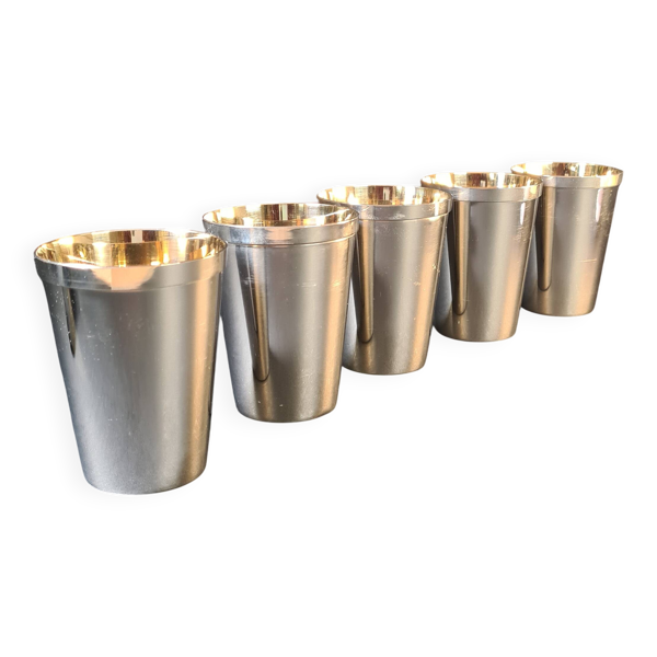 Set de 5 gobelets de chasse – métal argenté & intérieur vermeil, avec étui