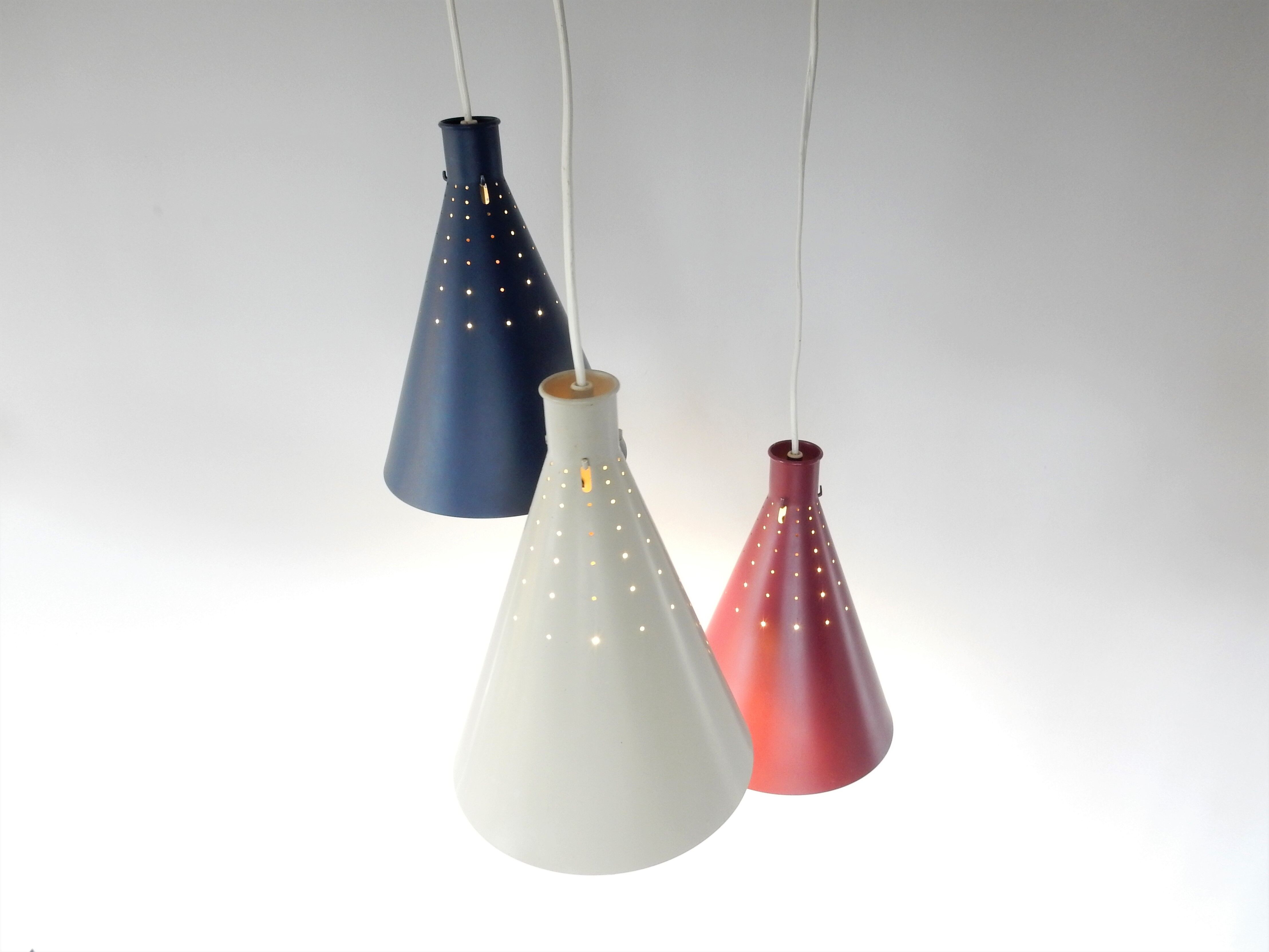 Rare set of 3 conical pendant lamps by Alf Svensson for Bergboms, Sweden 1950's, 2 available
