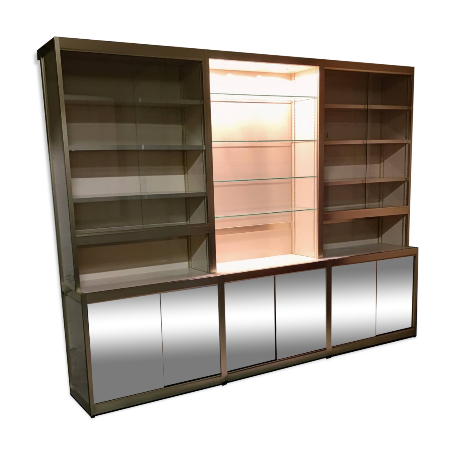 Ivory-colored and matte gold anodized aluminum display bookcase