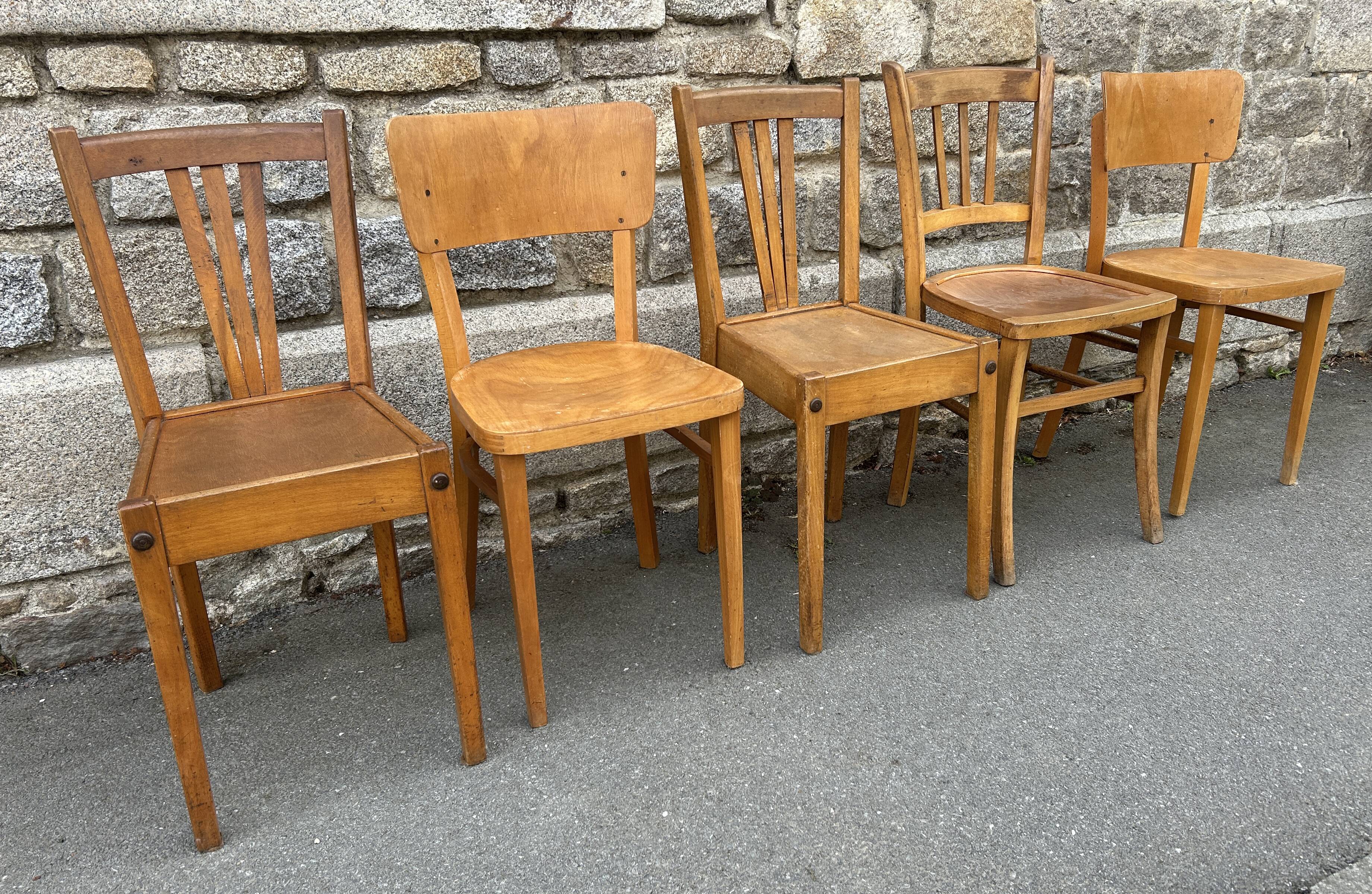 Set of 5 mismatched vintage blond wood bistro chairs