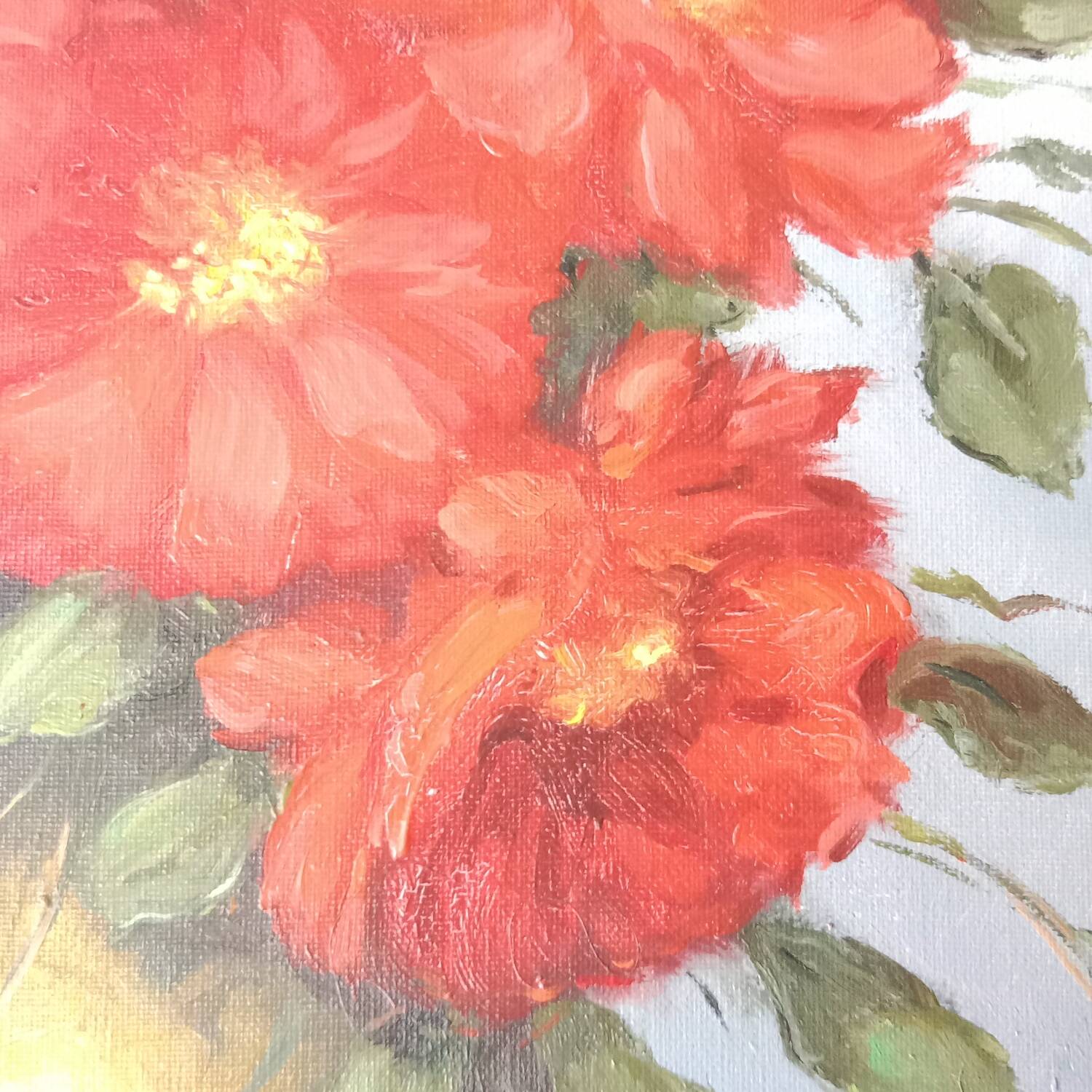 Bouquet of Red Flowers Still Life Canvas signed Golden Frame 54 x 62 cm