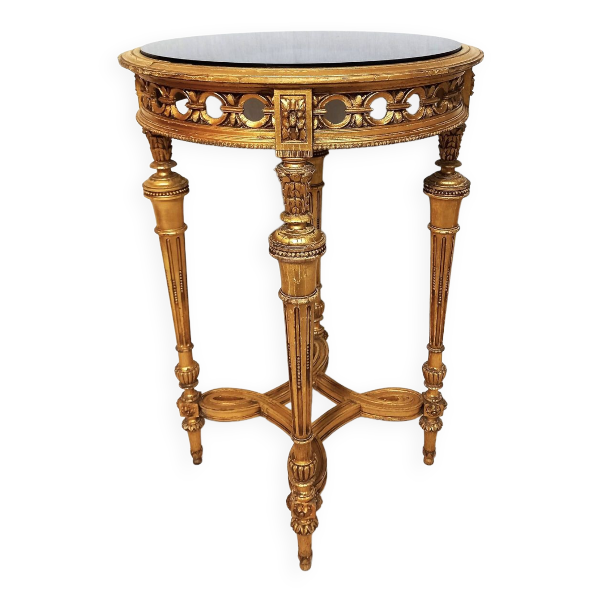 Napoleon III Pedestal Table (late 19th C.) Gilded and Carved Wood with Modern Black Top