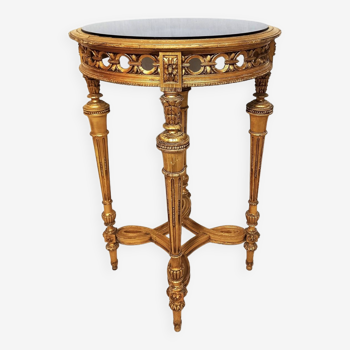 Napoleon III Pedestal Table (late 19th C.) Gilded and Carved Wood with Modern Black Top
