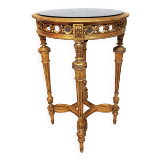 Napoleon III Pedestal Table (late 19th C.) Gilded and Carved Wood with Modern Black Top