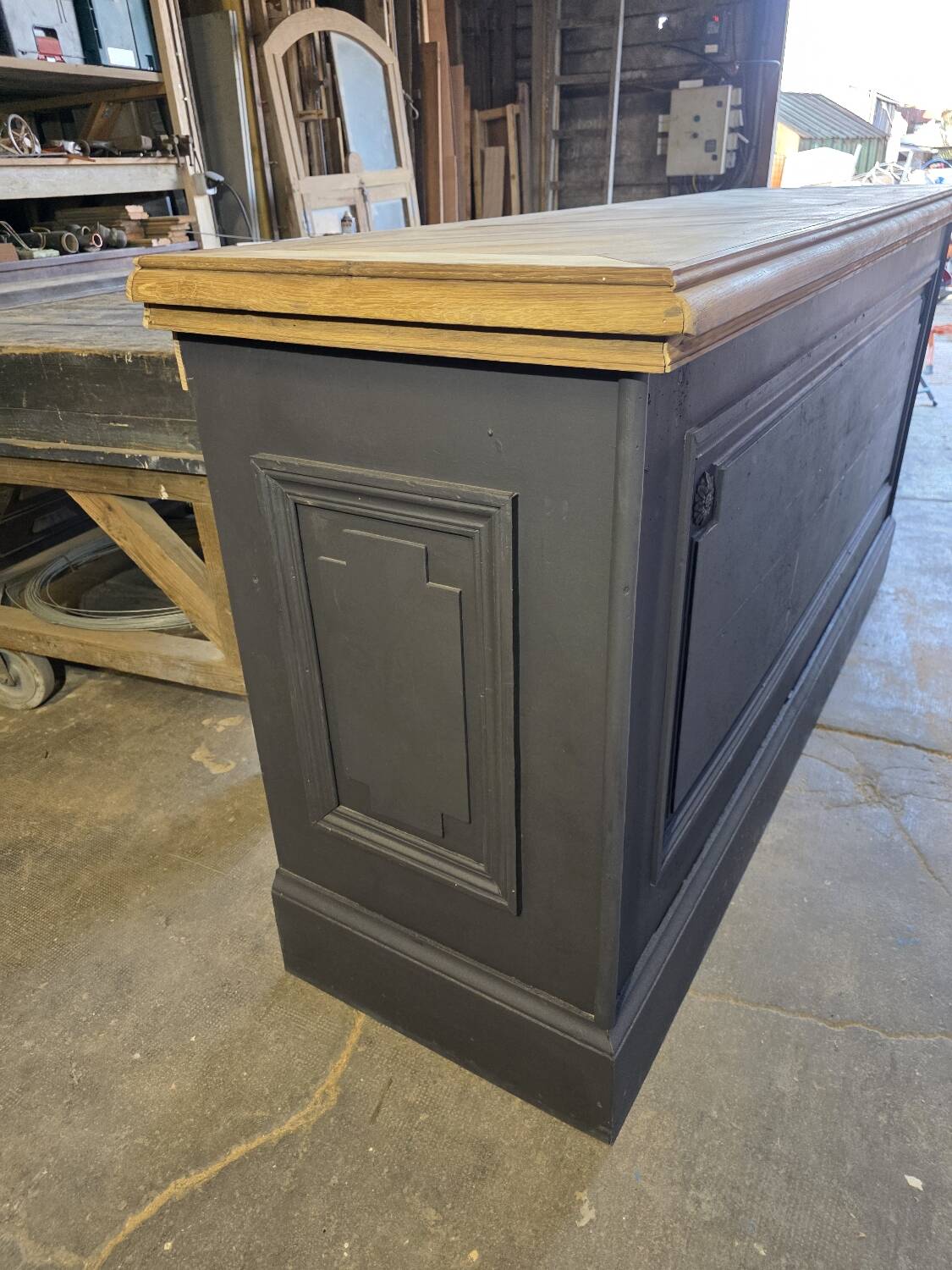 Chevron-patterned oak workbench